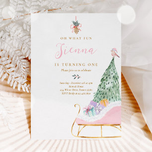 Oh What Fun Pink & Gold Winter Sleigh Birthday Kaart