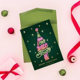 Oh What Fun Pink & Green Neon Sign Kerstboom Folie Feestdagenkaart