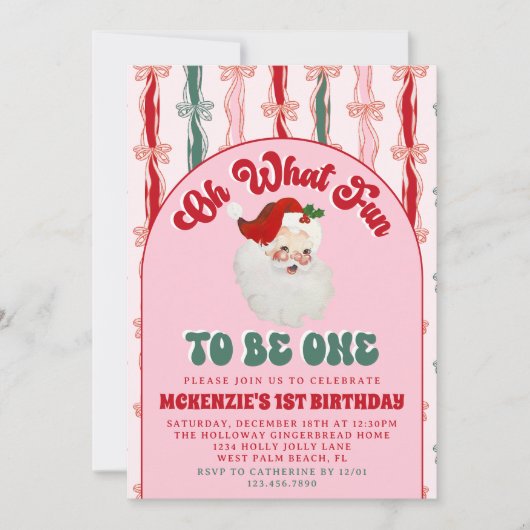 Oh What Fun Pink Santa Christmas First Birthday Kaart (Voorkant)