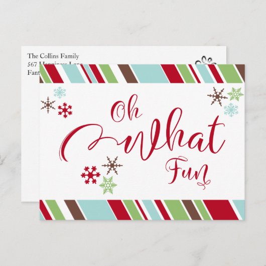Oh What Fun Red w/ Snowflakes & Diagonal Stripes Briefkaart (Voorkant / Achterkant)