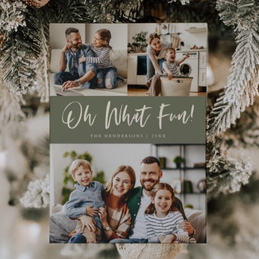 Oh What Fun Script Christmas Photo Sage Green Feestdagenkaart