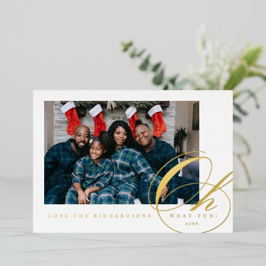 Oh What Fun Script Holiday Photo Folie Kaart (Staand Voorkant)