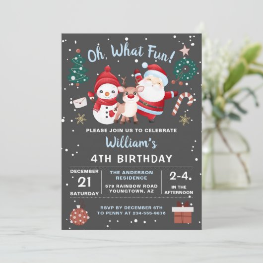 Oh What Fun Snow Kerstfeest Birthday Party Kaart (Staand voorkant)