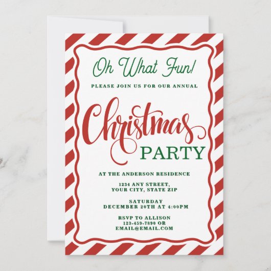 Oh What Fun Striped Whimsical Christmas Party Kaart (Voorkant)