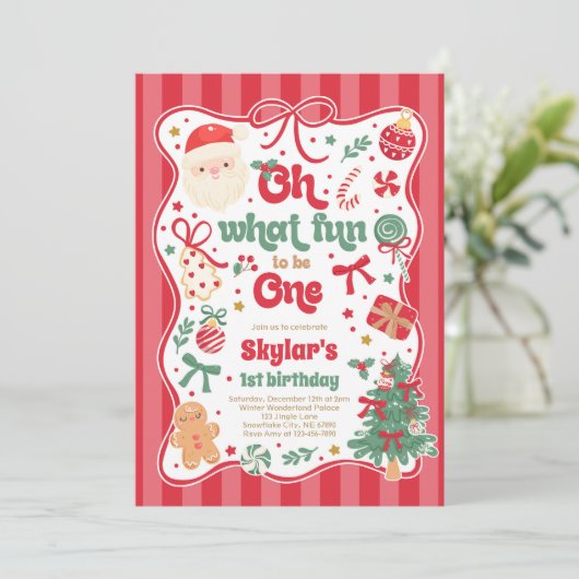 Oh What Fun To Be One Christmas Bow 1st Birthday Kaart (Staand voorkant)