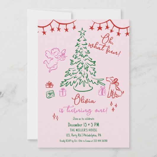 Oh What Fun whimsical Christmas tree 1st birthday Aankondiging (Voorkant)
