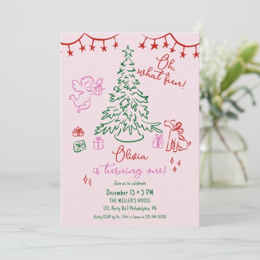 Oh What Fun whimsical Christmas tree 1st birthday Aankondiging (Staand voorkant)