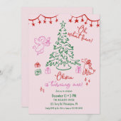 Oh What Fun whimsical Christmas tree 1st birthday Aankondiging (Voorkant / Achterkant)
