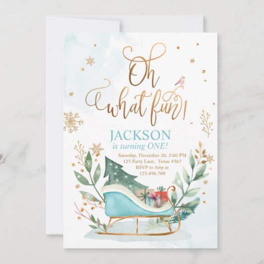 Oh What Fun Winter Sleigh Boy 1st Birthday Kaart (Voorkant)