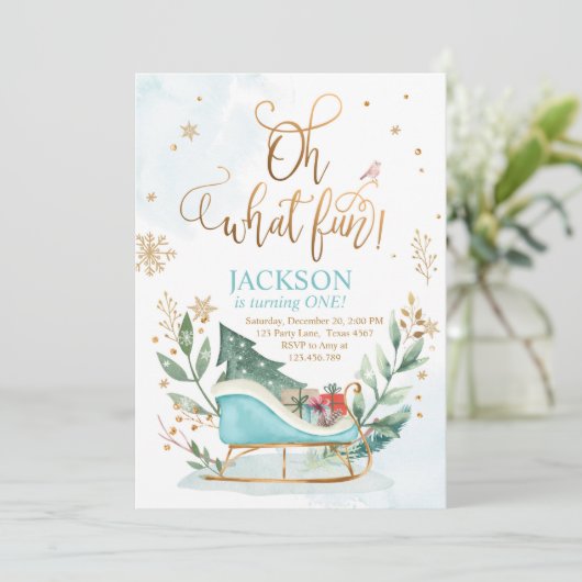 Oh What Fun Winter Sleigh Boy 1st Birthday Kaart (Staand voorkant)