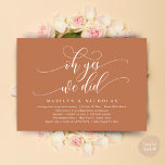 Oh Yes, We Did, Modern Wedding Dinner and Party Kaart<br><div class="desc">Elegantly announce your happily ever after with our modern aesthetic earthy copper brown themed wedding elopement celebration invitation card, "oh yes we did". Tailored for couples continuing their love story, this invitation strikes a perfect balance of sophistication and charm, setting the scene for an unforgettable event. Featuring a modern contemporary...</div>