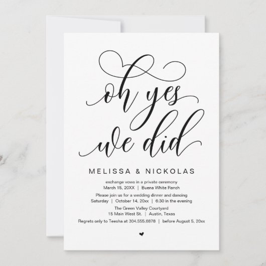 Oh Yes, We Did, Romantic Wedding Elopement Party Kaart (Voorkant)