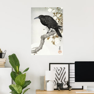 Ohara Koson Crow Raven, Japanse vogel silhouet kun Poster