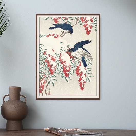 Ohara Koson Flycatchers op Nandina Struik Bird Jap Poster
