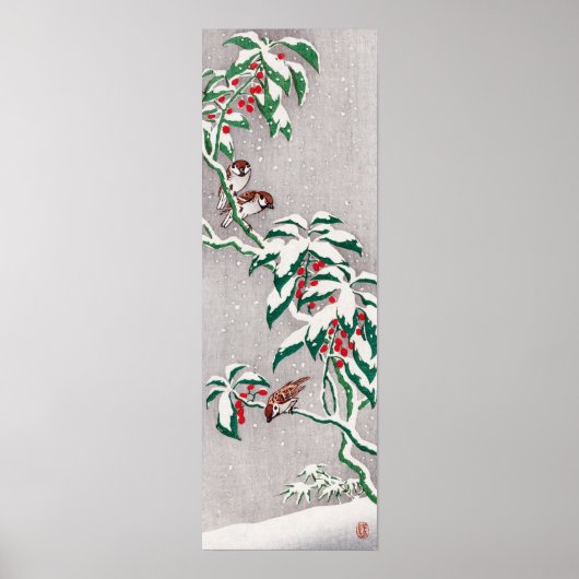 Ohara Koson Sparrows op sneeuwbes struik Poster (Voorkant)