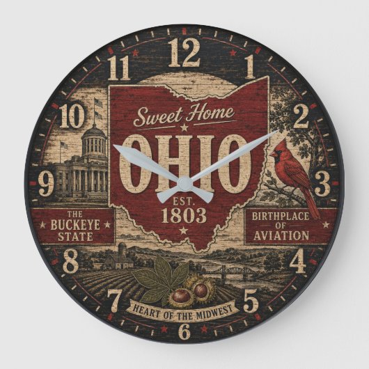 Ohio Buckeye State Rustic Farmhouse Vintage Grote Klok (Voorkant)