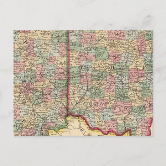 Ohio, Indiana Map door Mitchell Briefkaart (Voorkant)