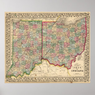Ohio, Indiana Map door Mitchell Poster