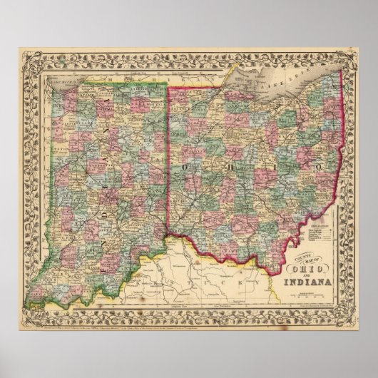 Ohio, Indiana Map door Mitchell Poster (Voorkant)