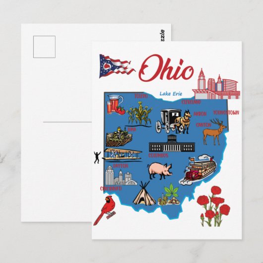 Ohio-kaart met grote steden toeristische bestemmin briefkaart (Voorkant / Achterkant)