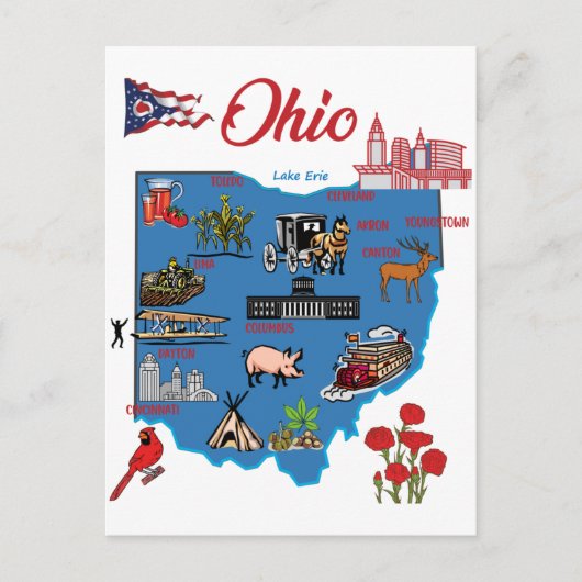 Ohio-kaart met grote steden toeristische bestemmin briefkaart (Voorkant)