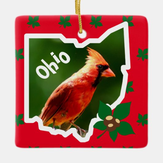 Ohio Kerstornament met kardinaal en buckeyes Keramisch Ornament (Voorkant)