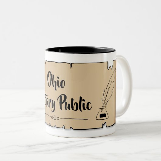Ohio Notional Public Scroll Feather Quill Tweekleurige Koffiemok (Voorkant rechts)