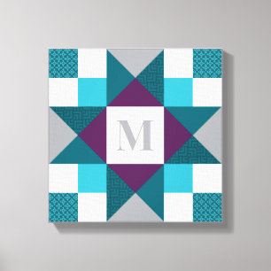 Ohio Star Quiltblok in Blauwgroen, Grijs, Paarse,  Canvas Afdruk