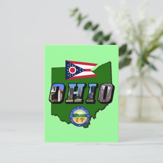 Ohio State Map, Afbeelding Text, Vlag en Zegel Briefkaart (Staand voorkant)