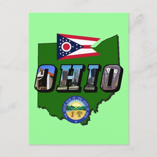 Ohio State Map, Afbeelding Text, Vlag en Zegel Briefkaart (Voorkant)