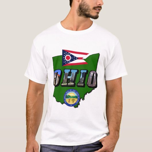 Ohio State Map, Afbeelding Text, Vlag en Zegel T-shirt (Voorkant)