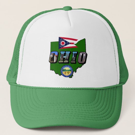 Ohio State Map, Afbeelding Text, Vlag en Zegel Trucker Pet (Voorkant)