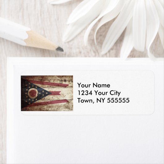 Ohio State Vlag op oude houtnerf Etiket (Insitu)