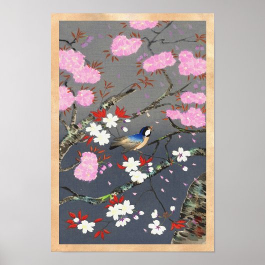 Ohno Bakufu Cherry Blossom bluebird shin hanga Poster (Voorkant)
