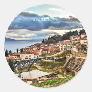 Ohrid, Macedonië panoramisch uitzicht Ronde Sticker