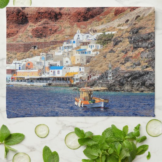 Oia, dorp op het eiland Santorini, Noord-Griekenla Theedoek (Gevouwen)
