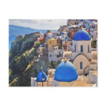 Oia, Santorini. Grieks Briefkaart van schilderijen
