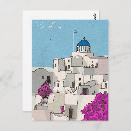 Oia Santorini Island Greece Whimsical Illustration Briefkaart (Voorkant / Achterkant)