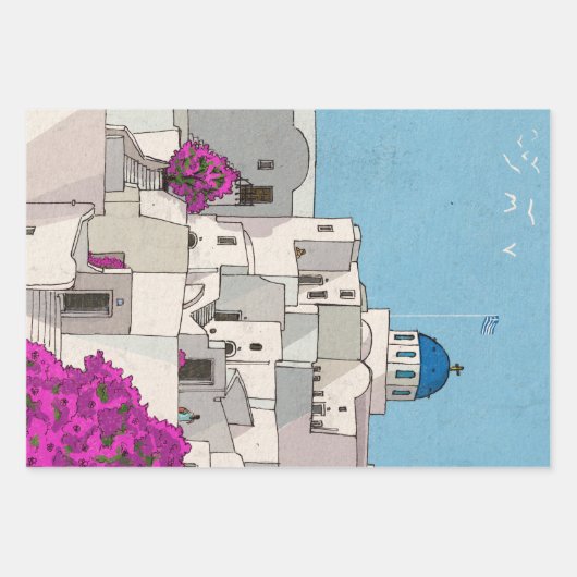 Oia Santorini Island Greece Whimsical Illustration Inpakpapier Vel (Voorkant)