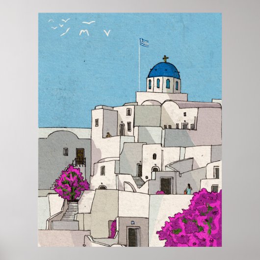 Oia Santorini Island Greece Whimsical Illustration Poster (Voorkant)