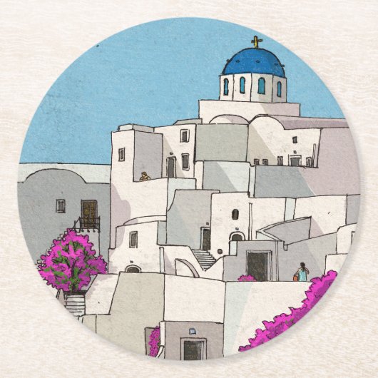 Oia Santorini Island Greece Whimsical Illustration Ronde Kartonnen Onderzetter (Voorkant)