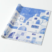 Oia Santorini Waterverf Townscape Painting Cadeaupapier (Uitgerold)