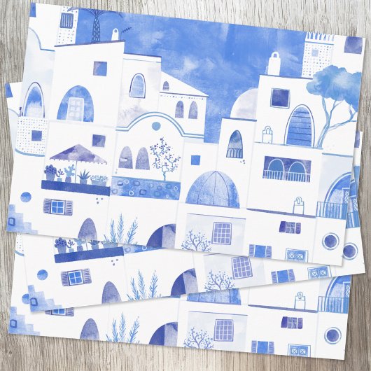 Oia Santorini Waterverf Townscape Painting Inpakpapier Vel