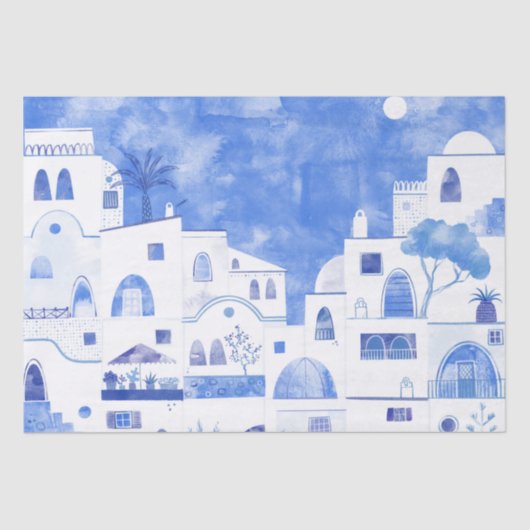 Oia Santorini Waterverf Townscape Painting Tissuepapier (Voorkant)