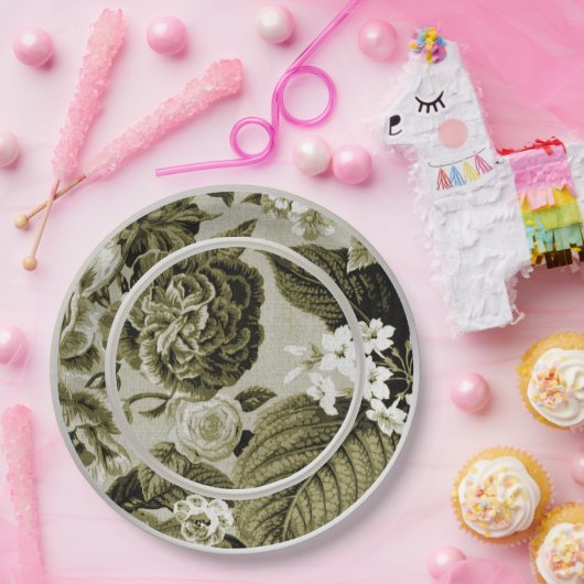 OIive Green Floral Toile No.1 Papieren Bordje (Feest)