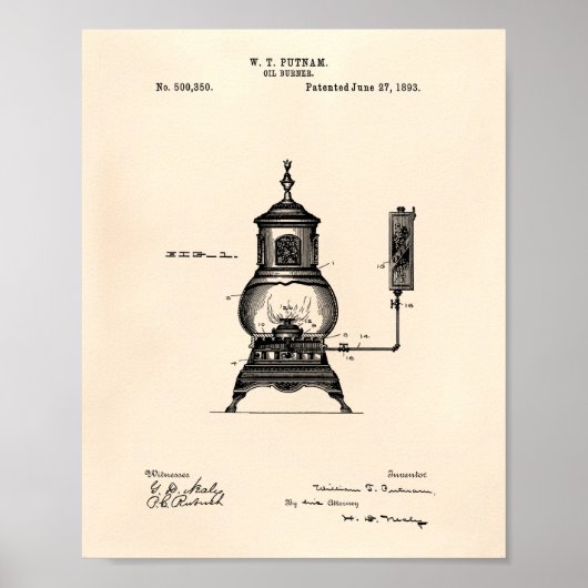 Oil Burner 1893 Patent Art Old Peper Poster (Voorkant)