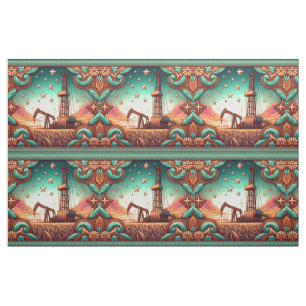 Oil Gas Rig With Leather Print Border Stof