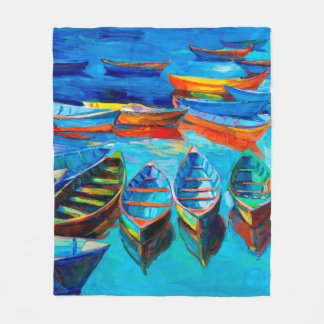  oil painting of boats and sea on canvas. Sunset o Fleece Deken