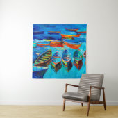  oil painting of boats and sea on canvas. Sunset o Wandkleed (In situ)