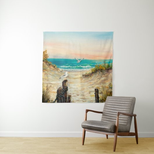 oil painting of ocean beach dunes with seagulls o wandkleed (In situ)